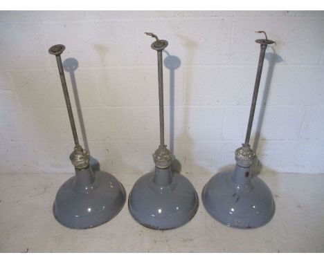 Three matching Crysteel grey enamel industrial light shades