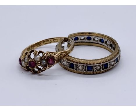 A Victorian 15ct gold ruby and seed pearl ring ( missing 4 seed pearls) along with a scrap eternity ring- 9ct gold and silver