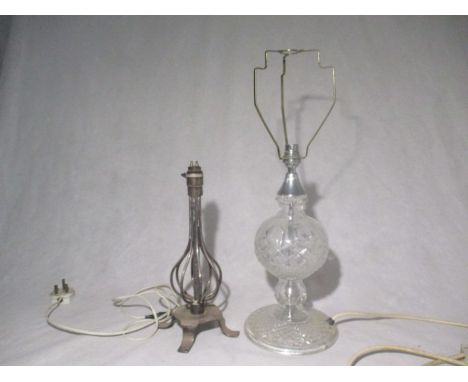 Two lamps, one cut glass, one silver plated. 