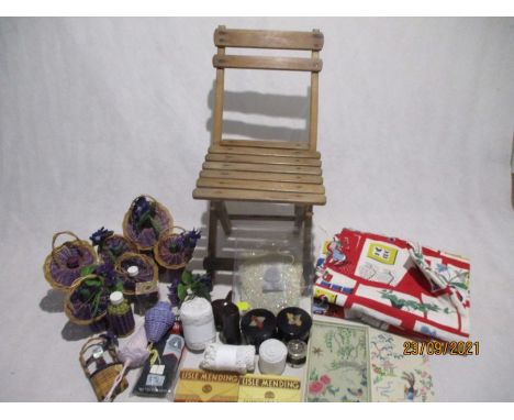 A collection of miscellaneous items including a child's folding wooden chair, 1950's style curtains, sewing items, selection 