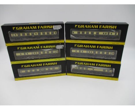 A collection of six Graham Farish by Bachmann N gauge railway coaches including five BR Chocolate &amp; Cream (mini buffet ca