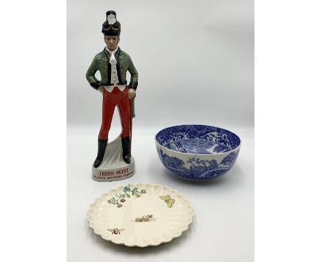 A Spode Blue Italian bowl along with and Irish Mist decanter and one other Copeland plate