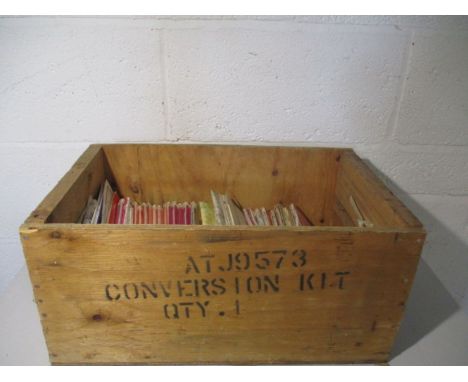 A collection of ordnance survey maps in a wooden crate. Areas covered include Norfolk, Ely, West Cumbria, East Anglia, Leeds 