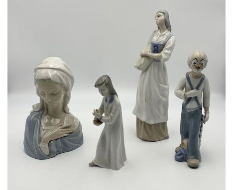 A collection of figurines including a Lladro bust of the Madonna, Casades clown etc.