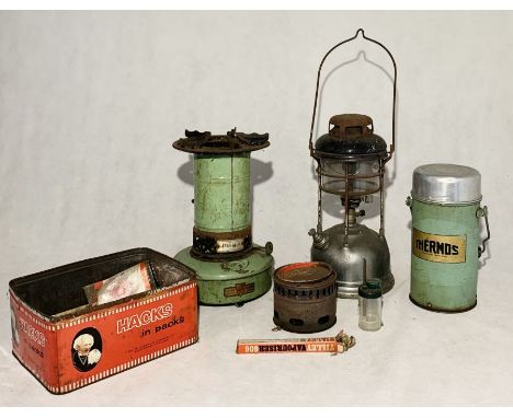 A vintage Tilley Lamp, Esso Blue gas stove made by Valor both with accessories along with a vintage Thermos flask.