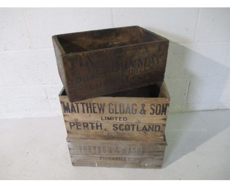 Three vintage wooden crates, stamp marked Matthew Gloag &amp; Son (Perth, Scotland), Fortnum &amp; Mason Ltd (Piccadilly) &am