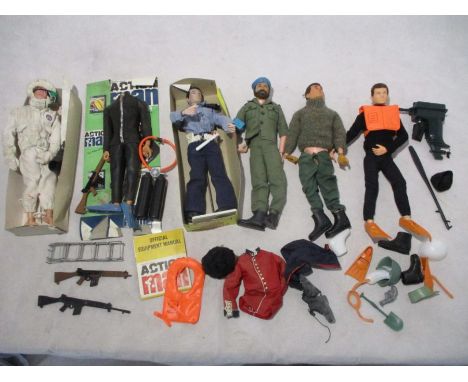 A collection of Action Man toys including Eagle Eyes, Action Sailor (no head) etc, along with a selection of accessories incl