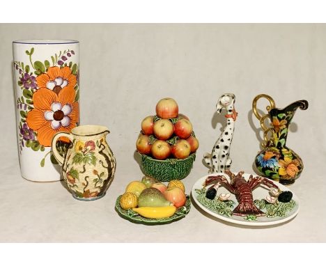 A collection of various foreign pottery etc including large Italian umbrella stand, Belgian ewer, ceramic plate with lobster 