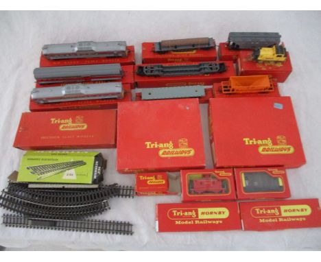 A collection of Tri-ang Railways OO gauge models and accessories including "Connie" yellow livery industrial locomotive, thre