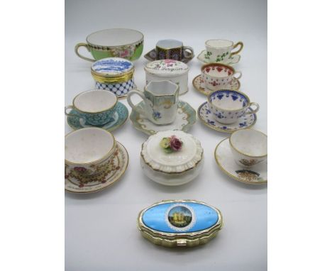 A collection of miniature cups and saucers, pill boxes etc including Spode, Past Times, Coalport.