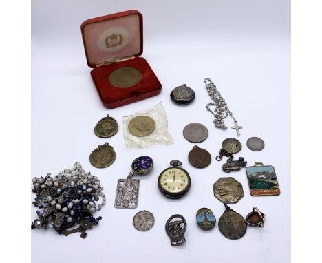 A collection of costume jewellery etc. including a silver fob watch, Rosaries, medallions and a 9ct gold and silver cameo rin