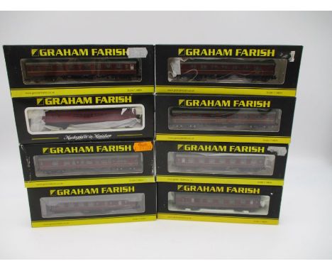 A collection of eight boxed Graham Farish by Bachmann N gauge BR maroon coaches including Restaurant First Open, Composite Co