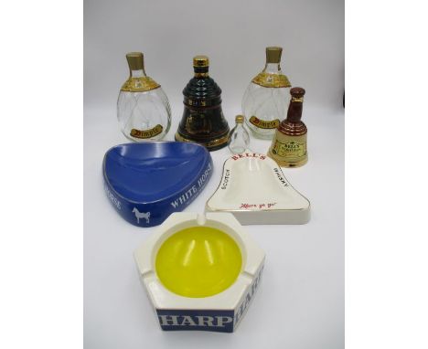 A collection of Breweriana collectables including two Wade Bell's Scotch Whisky bottles, three Dimple Scotch Whisky bottles a