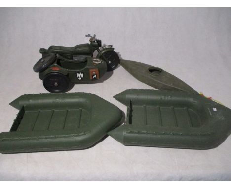An Cherilea Action Man German motor cycle with sidecar toy, along with two other Action Man boats and a canoe