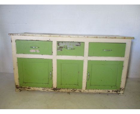 A vintage green and white painted pine dresser base