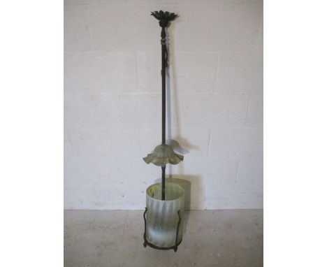 A large Victorian gas copper ceiling light with large vaseline glass shade and one other above ( slight chip to smaller shade