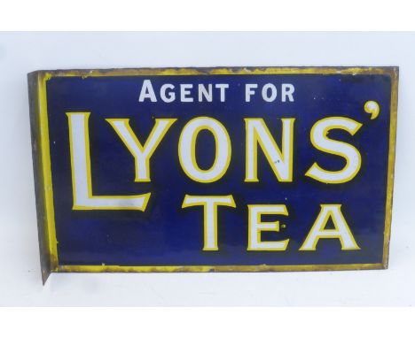 A small "Agent for Lyons' Tea" double sided enamel sign with hanging flange, 15 x 9", in good condition.