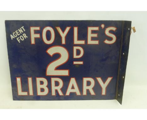 A Foyle's "D Library double sided enamel sign with hanging flange, 20 x 15".
