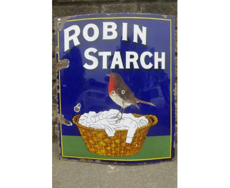 A Robin Starch pictorial enamel sign depicting a robin sat on a bucket of washing, of unusual large size.