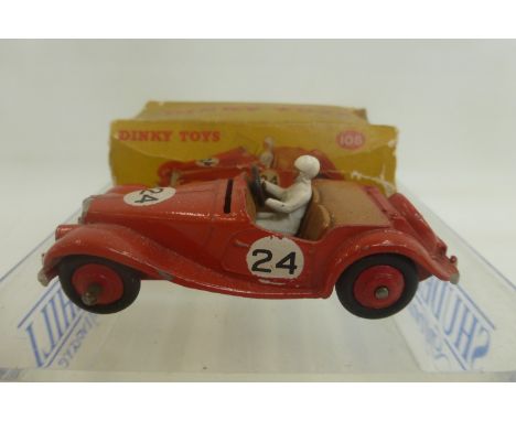 DINKY TOYS - M.G. Midget Sports, no. 108, good condition, windscreen missing; yellow box poor.