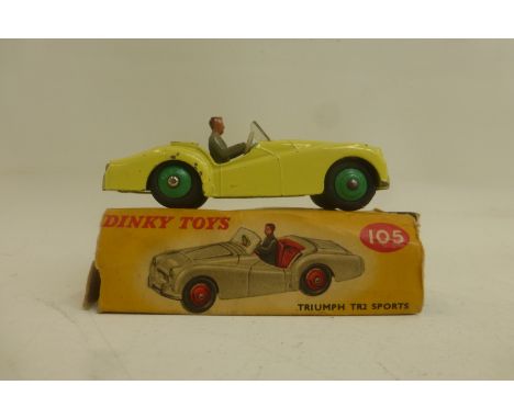 DINKY TOYS - TR2 Sports, no. 105, in good condition, yellow box fair with one end flap missing.