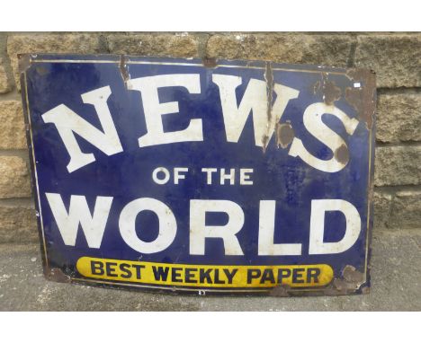 A News of the World "Best Weekly Paper" rectangular enamel sign by Hancock & Carfield, 36 x 24".