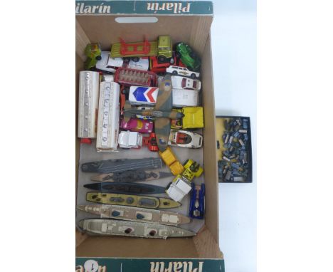 A box of assorted die-cast models including a Dinky Mk.II Spitfire, two Matchbox naval ships etc.