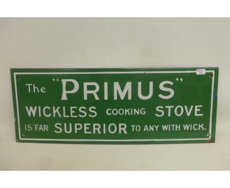 A "Primus" Wickless Cooking Stove rectangular enamel sign in near mint condition, 16 x 6".