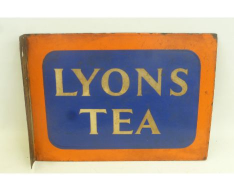 A Lyons Tea orange and blue double sided enamel sign with hanging flange, 15 x 11".