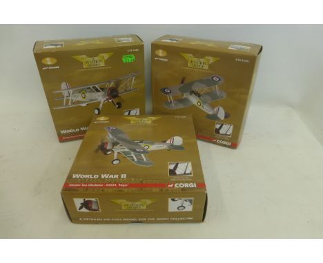 Three boxed Corgi Aviation Archive die-cast models of WWII aircraft - the MTO, Gloster Sea Gladiator - N5520 "Faith", Malta J