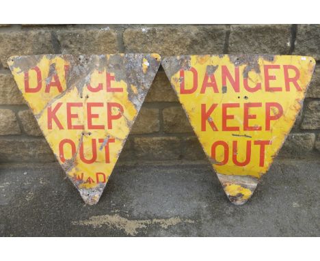 Two triangular "Danger Keep Out" military enamel signs, marked W.D., 23 x 24".
