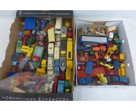 Two boxes of mixed playworn die-cast models including Dinky, Corgi and Matchbox etc.