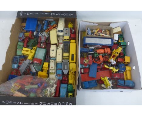 Two boxes of mixed playworn die-cast models including Dinky, Corgi and Matchbox etc.