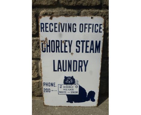 A rare and early Chorley Steam Laundry "Receiving Office" part pictorial double sided rectangular enamel sign, the image depi