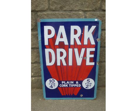A Park Drive "Plain & Cork Tipped" cigarettes rectangular enamel sign, with very good gloss, 20 x 30".