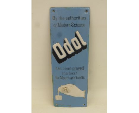 A rare Odol "the best for mouth and teeth" enamel finger plate, with minor retouching to lower edge, 2 3/4 x 7 3/4".