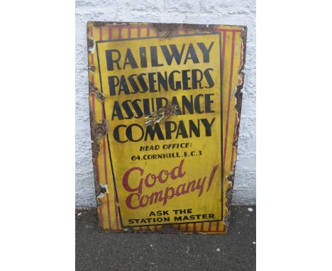 A Railway Passengers Assurance Company rectangular enamel sign, 20 x 30".