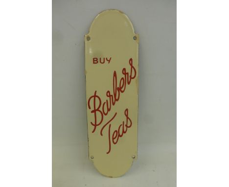 A Barbers Teas enamel finger plate with excellent gloss, minor retouching to edges, 3 x 10".