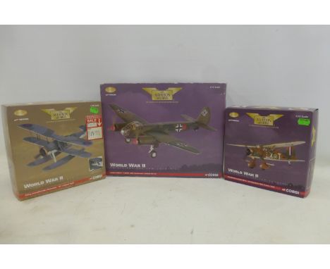 Three boxed Corgi Limited Edition Aviation Archives die-cast models including two WWII Battle for the Low Countries, a Westla