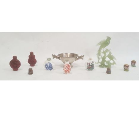 Three ceramic scent bottles, two further scent bottles, a hardstone carving of birds on a branch and a two-handled silver-pla