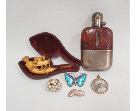 Gold plated glass double-sided locket,&nbsp;silver coloured metal butterfly wing butterfly brooch,&nbsp;Meerschaum&nbsp;pipe&