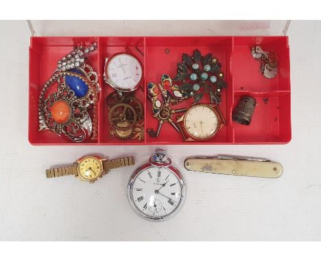 A small quantity of costume jewellery, brooches, Timex wristwatch, Services pocket watch, penknife etc&nbsp;