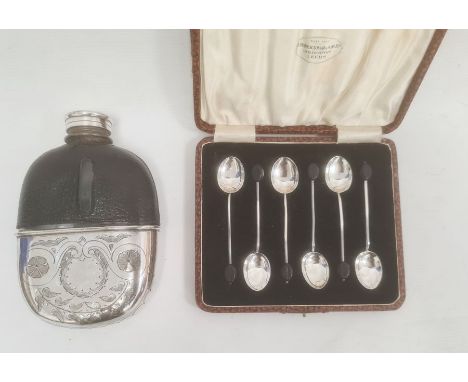 Set of six 1920's silver coffee spoons with ebony coffee bean finials, Birmingham 1929, maker Hukin & Heath Ltd, in fitted ca