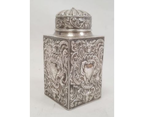 Victorian silver tea caddy, circular lid, rectangular canister, all-over repousse scroll and mask decorated, London 1891, mak