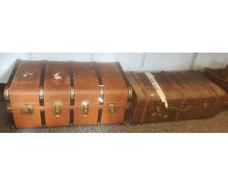 Two steamer trunks, an open wooden box, a copper planter and a tray (5) 