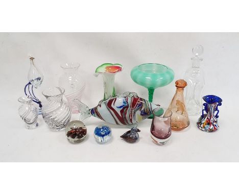 Murano glass model of a fish, a Caithness vase of baluster form with a single pink stripe, a peach glass liqueur set with pri