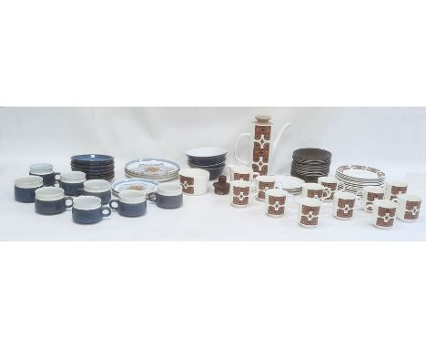 J&G Meakin studio pottery coffee set comprising coffee pot, cups and saucers, plates and jug, all decorated with stylised bro