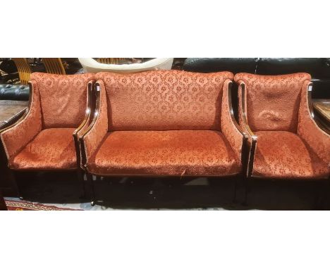 Edwardian three-piece suite, two seat sofa and two single armchairs, mahogany and strung show frames, square section tapering