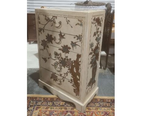 20th century Chinese-style chest of five drawers, cream-ground decorated, with birds amongst foliage decoration, the whole ra