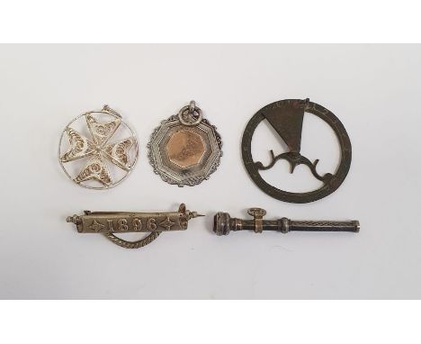 Small brass folding pocket sundial, silver fob, silver propelling pencil and a filigree silver coloured metal Maltese Cross p